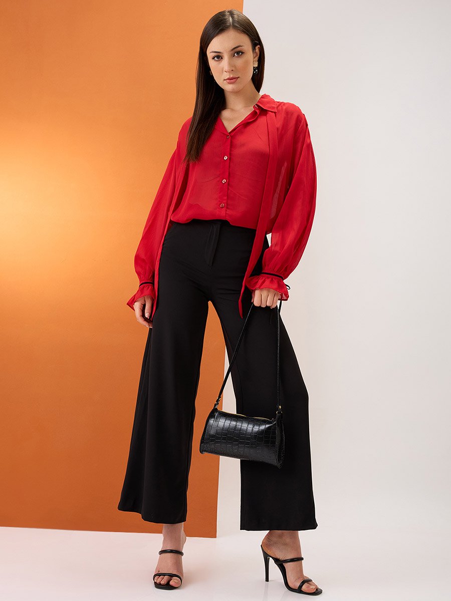 Red Collared Neck Tie Chiffon Shirt