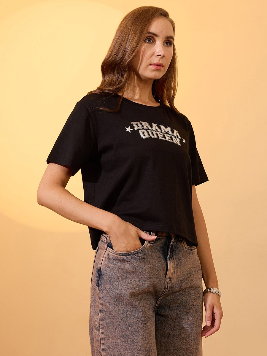 Black Typography Print Boxy Crop T-Shirt