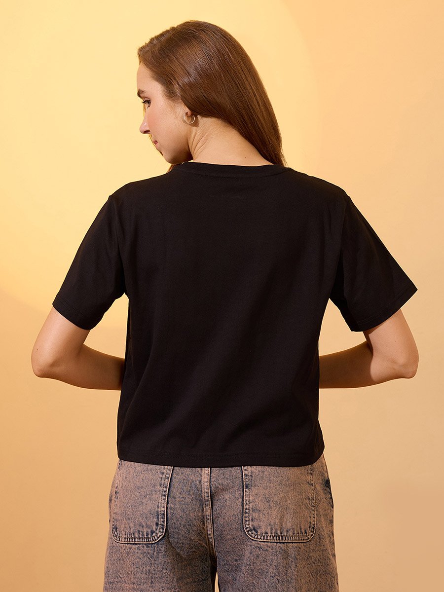 Black Typography Print Boxy Crop T-Shirt