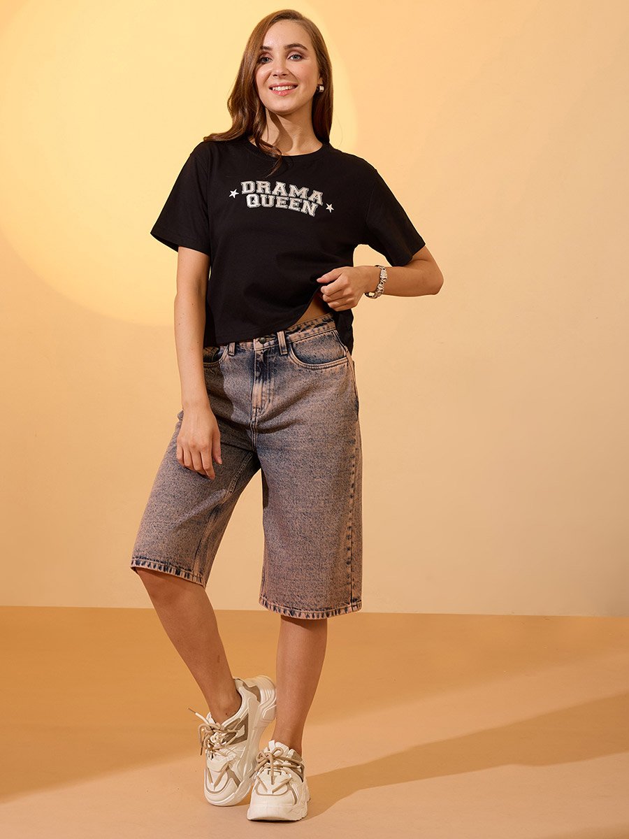 Black Typography Print Boxy Crop T-Shirt