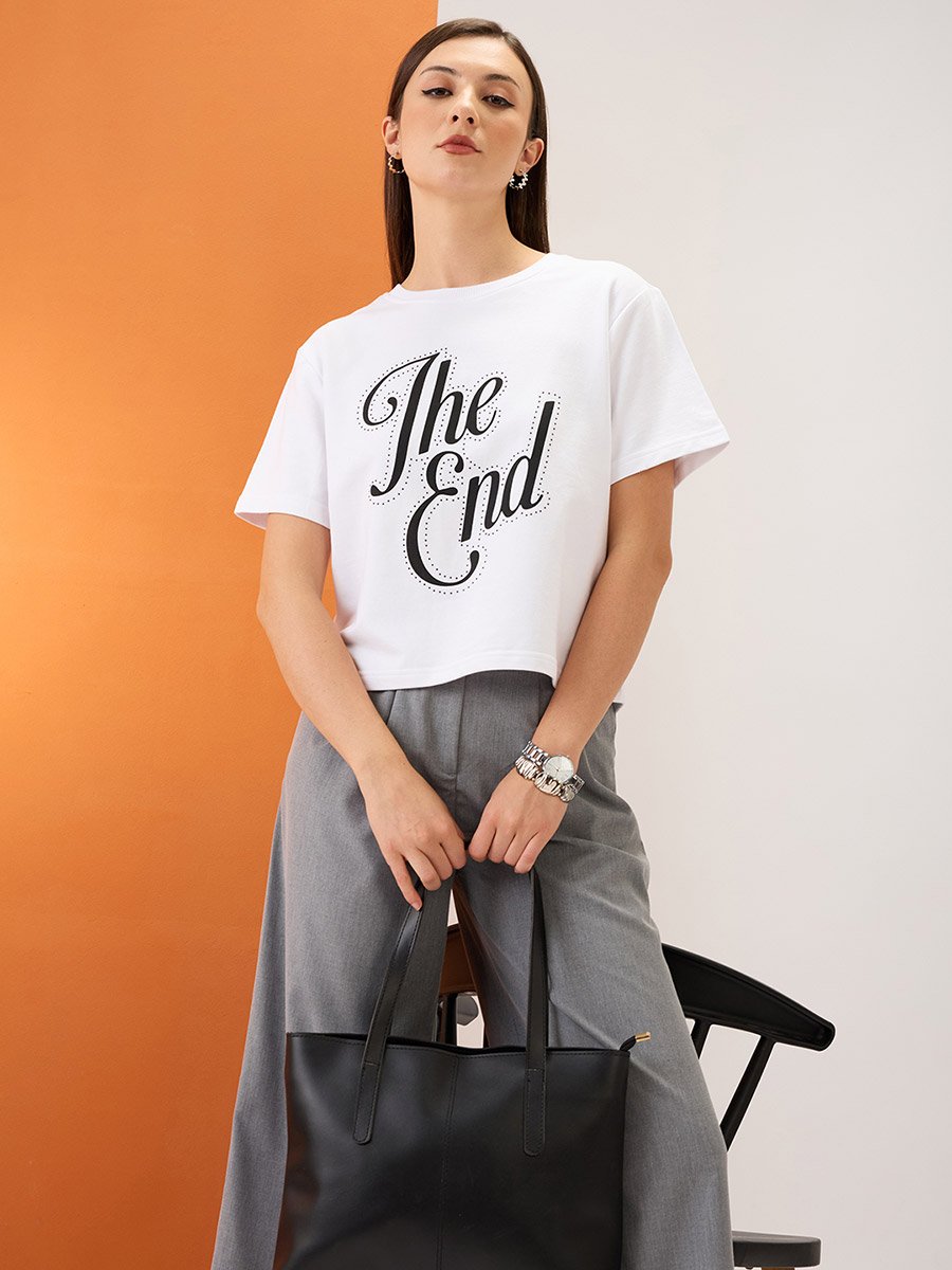 White Embellished Boxy Fit Crop T-Shirt
