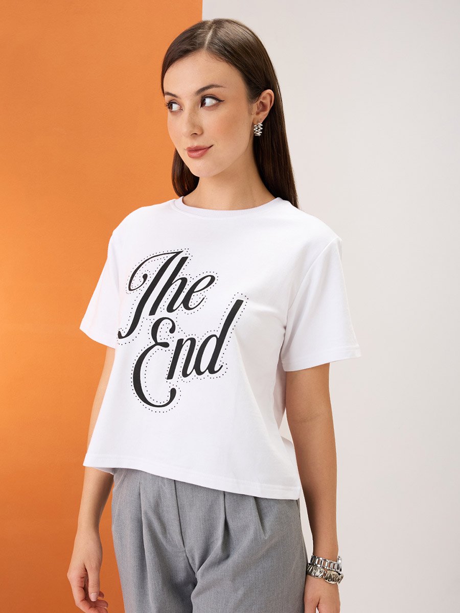 White Embellished Boxy Fit Crop T-Shirt