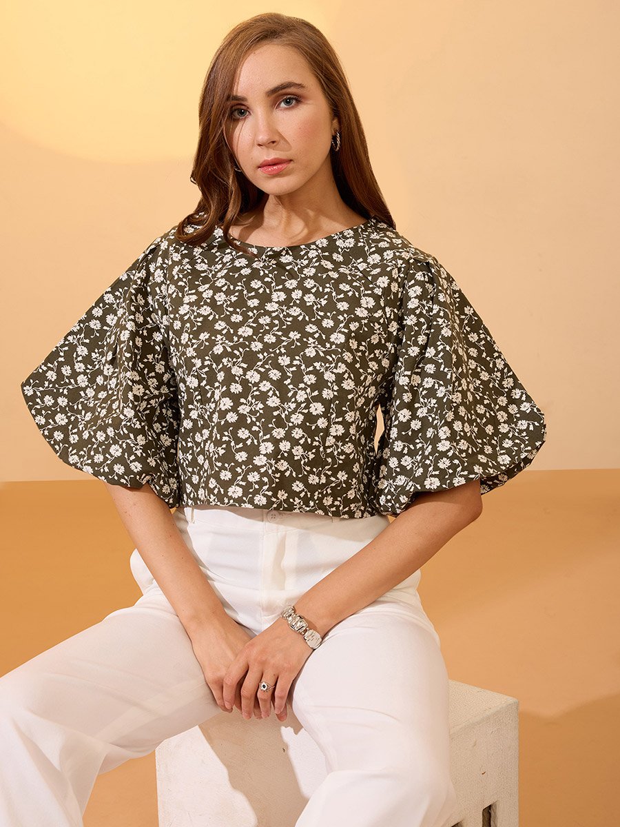 Green Floral Print Puff Sleeves Crop Top