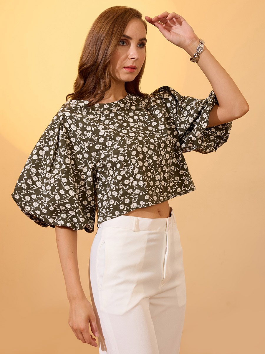 Green Floral Print Puff Sleeves Crop Top