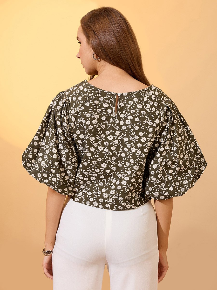Green Floral Print Puff Sleeves Crop Top