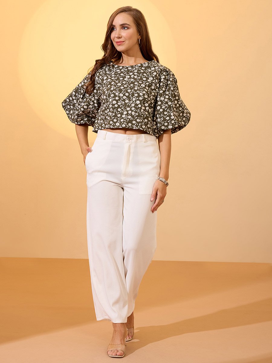 Green Floral Print Puff Sleeves Crop Top