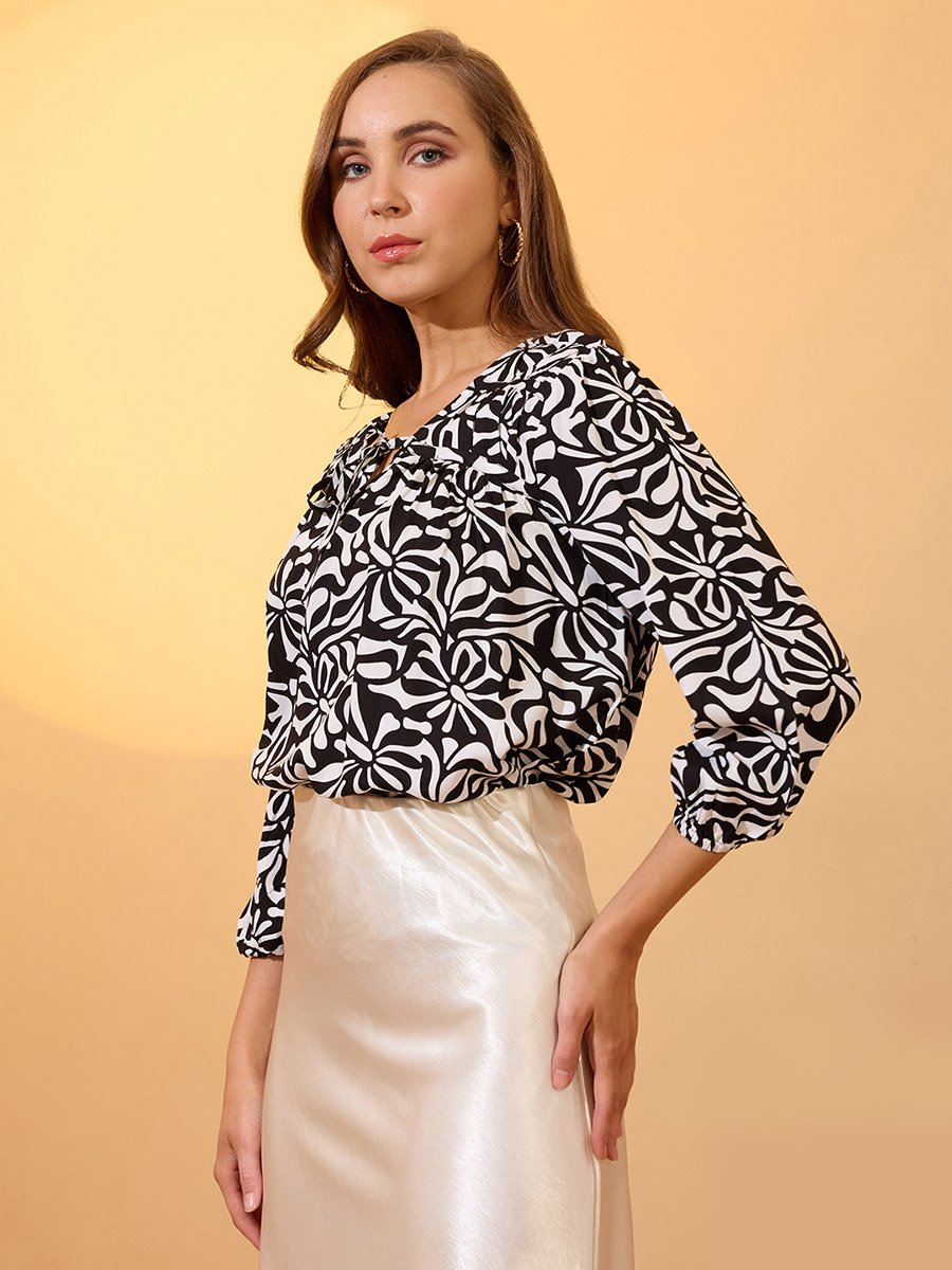 Black All Over Print Tie-Up Detail Top