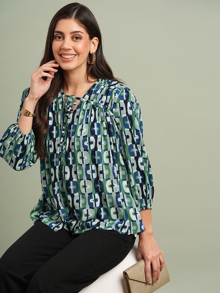 Green All Over Print Tie-Up Detail Top
