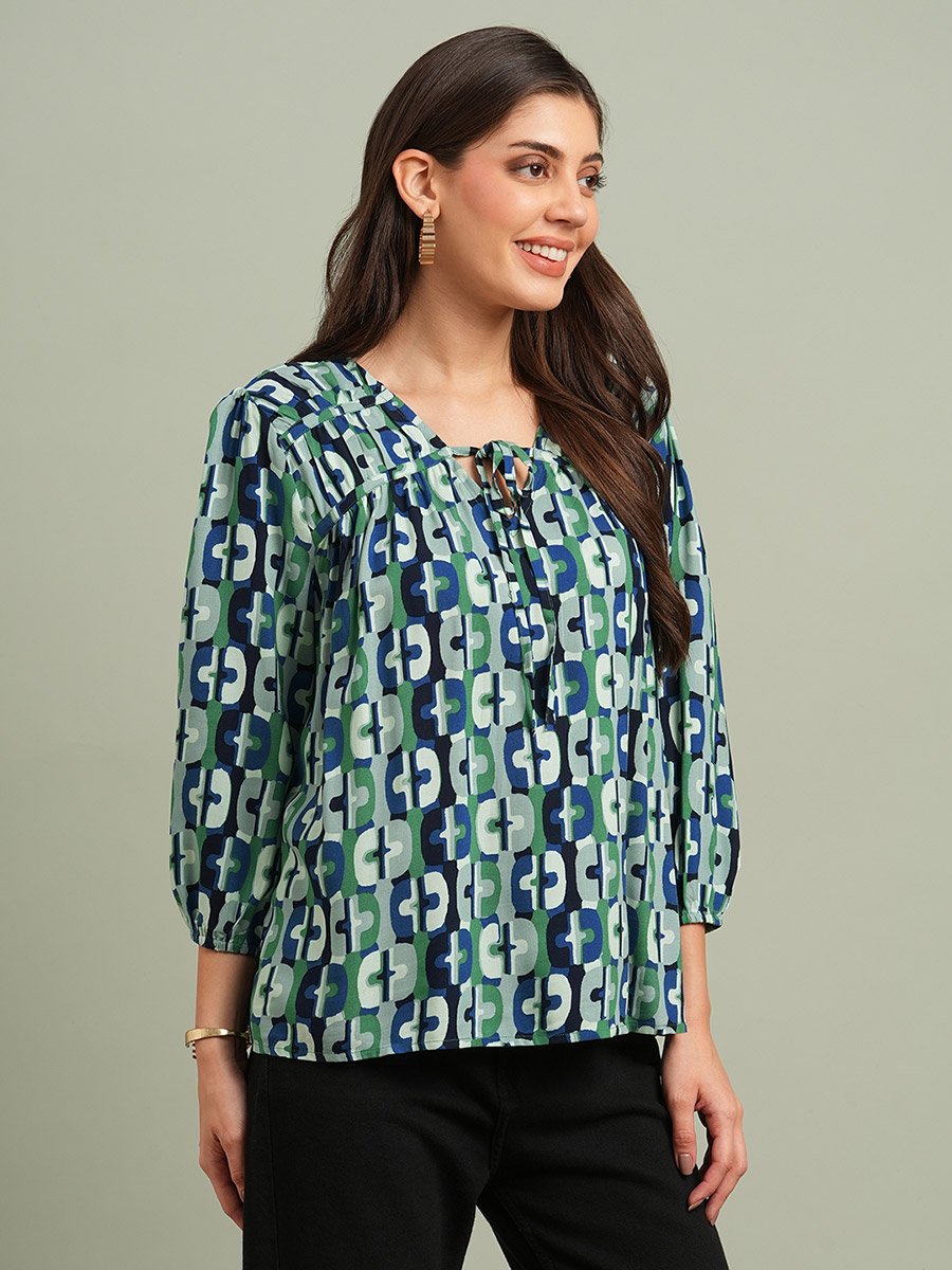 Green All Over Print Tie-Up Detail Top