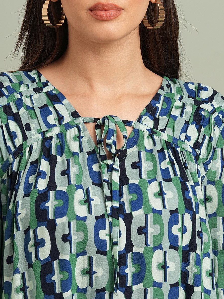 Green All Over Print Tie-Up Detail Top