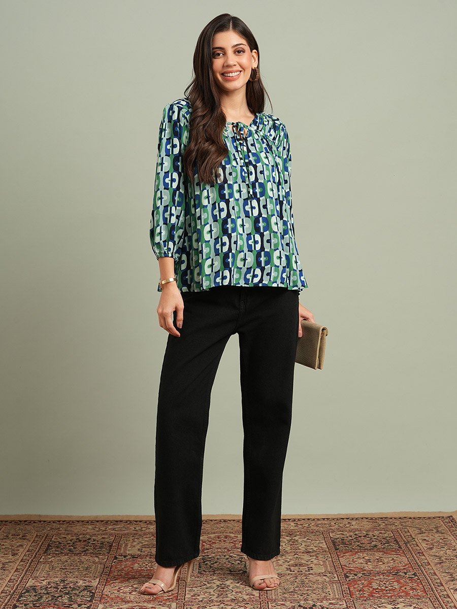 Green All Over Print Tie-Up Detail Top