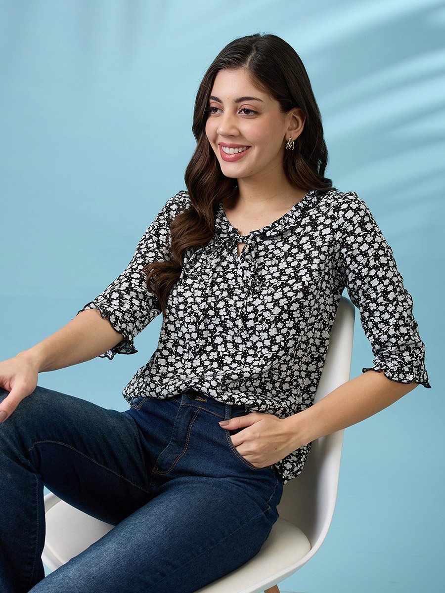 Black Tie-Up Neck Frill Detail Top