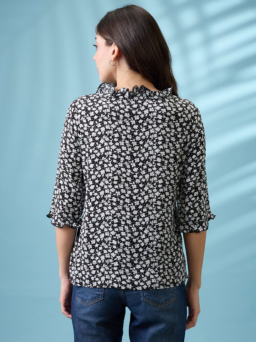 Black Tie-Up Neck Frill Detail Top