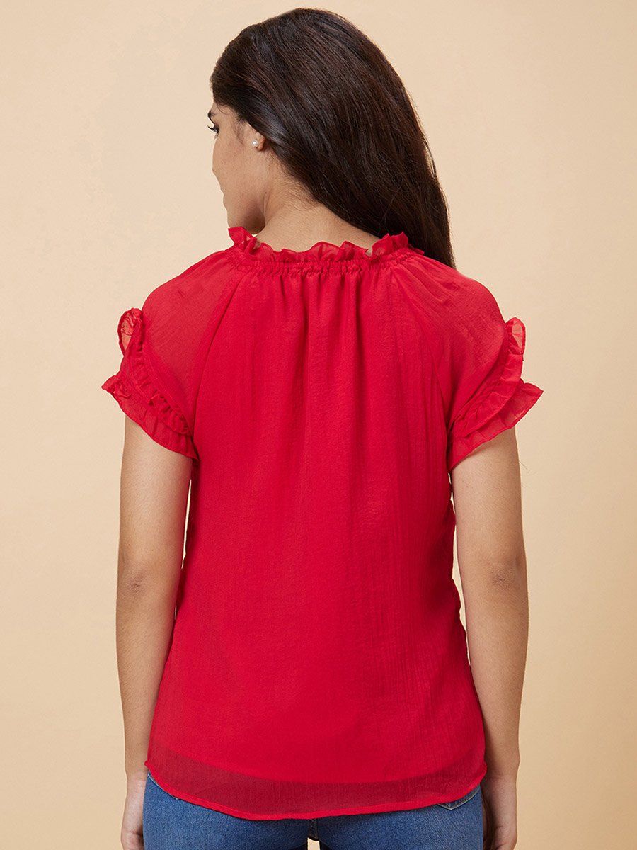 Red Solid V Neck Top