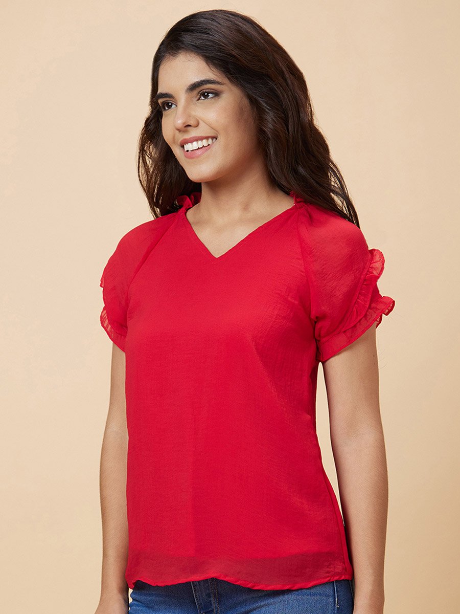 Red Solid V Neck Top