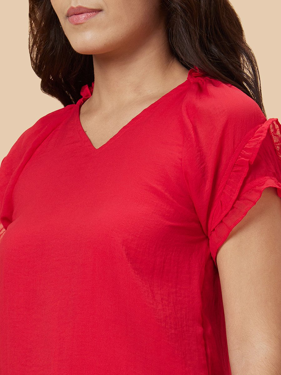 Red Solid V Neck Top