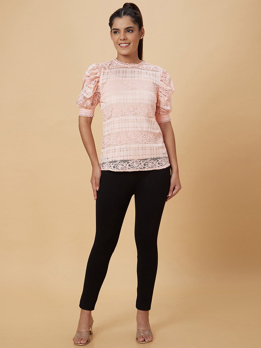 Peach Lace Insert Top with Inner Cami