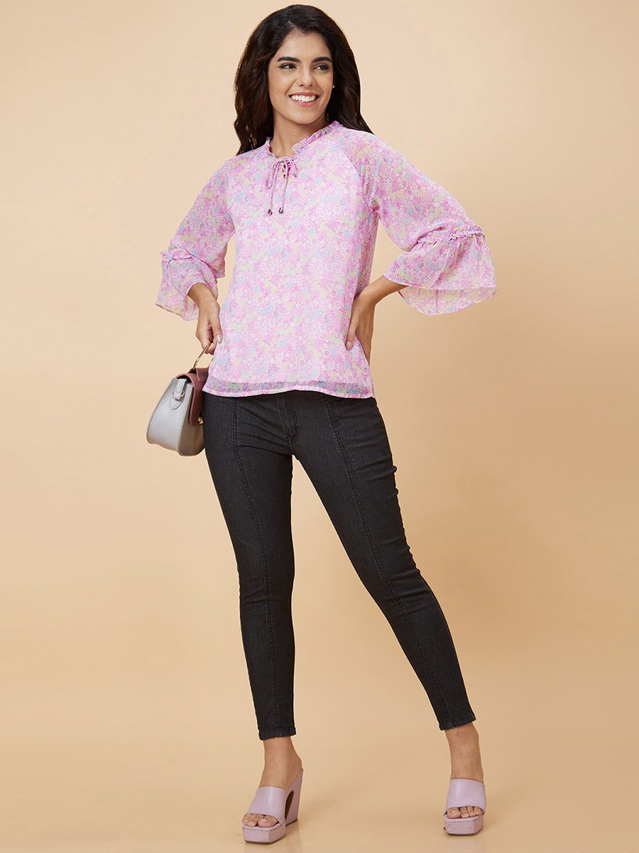 Purple Floral Print Tie-Up Neck Top