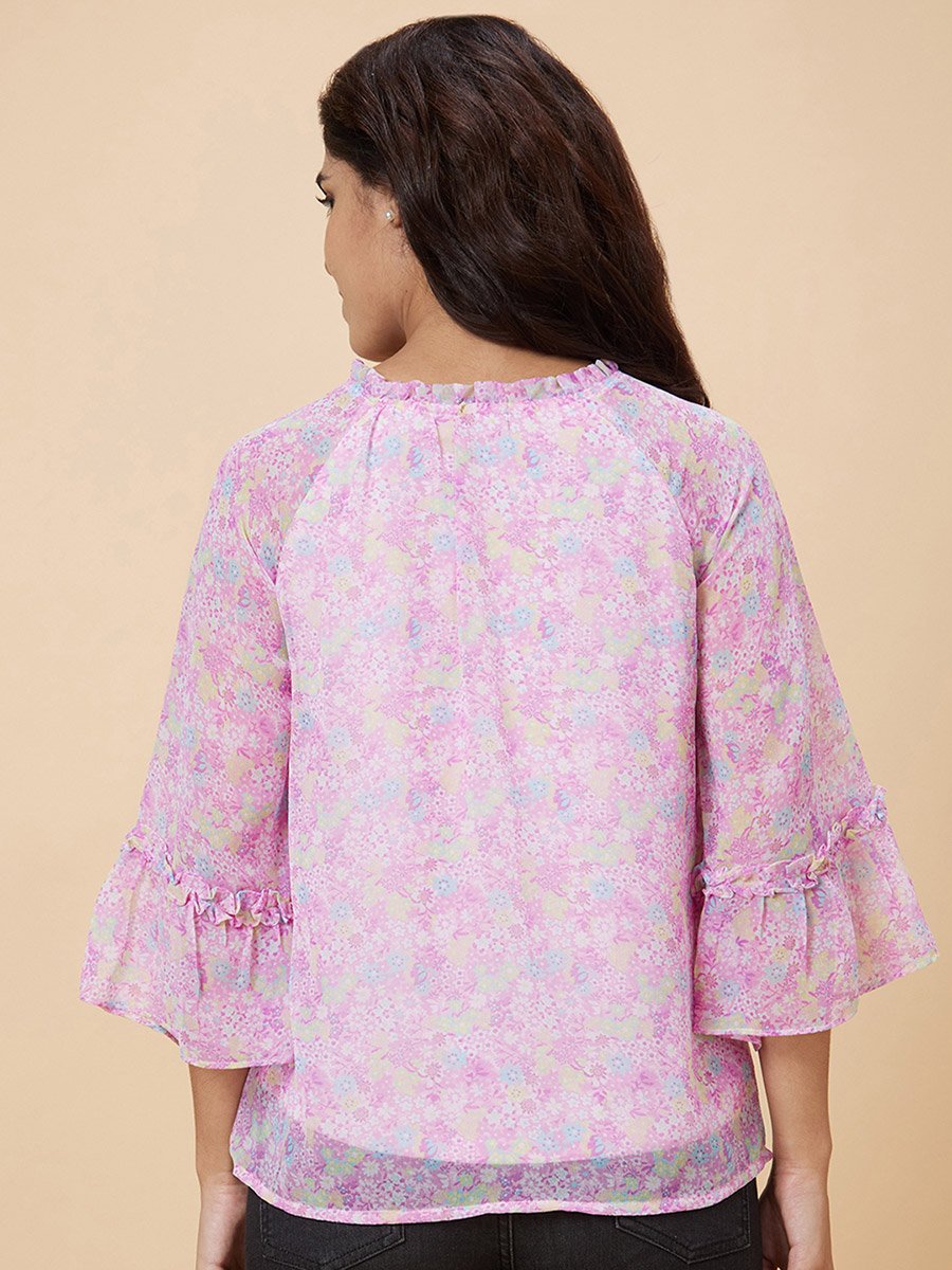 Purple Floral Print Tie-Up Neck Top