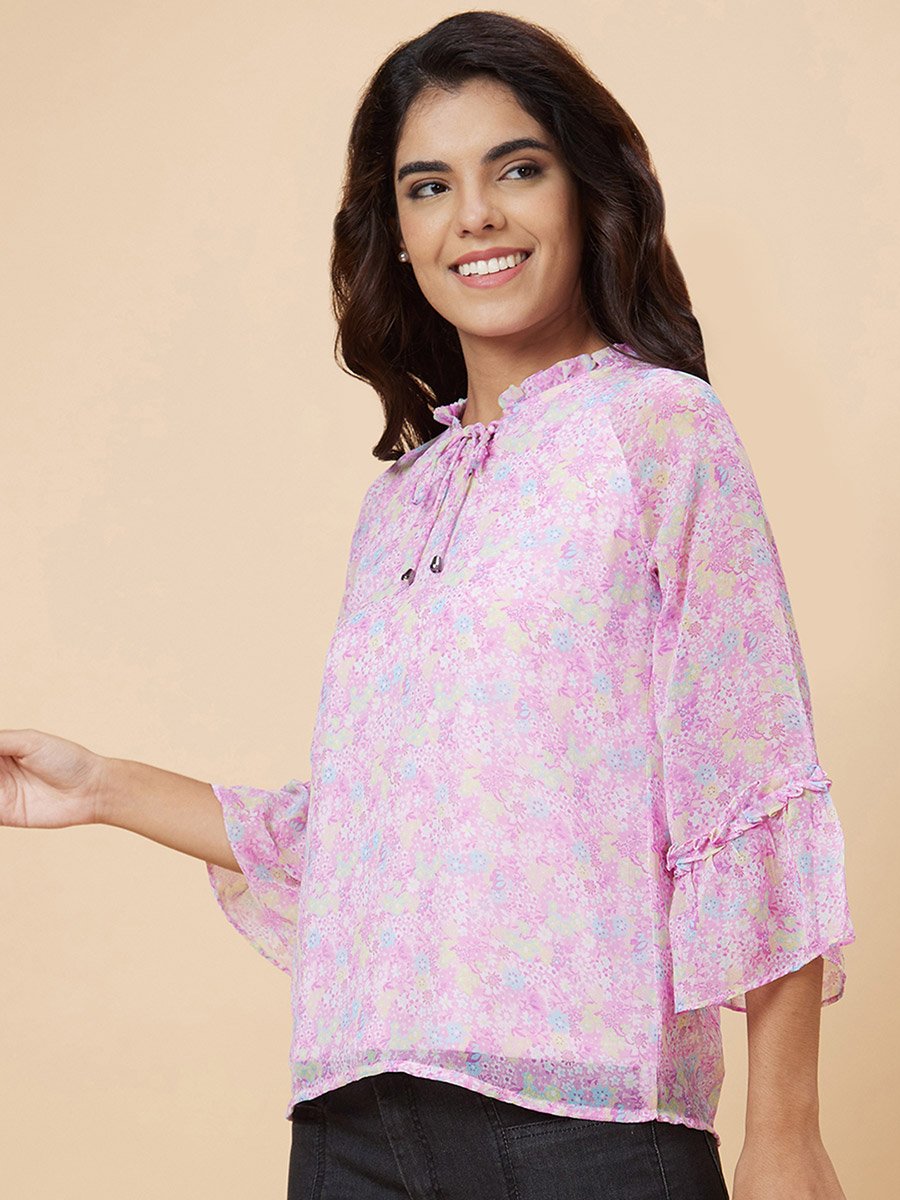 Purple Floral Print Tie-Up Neck Top