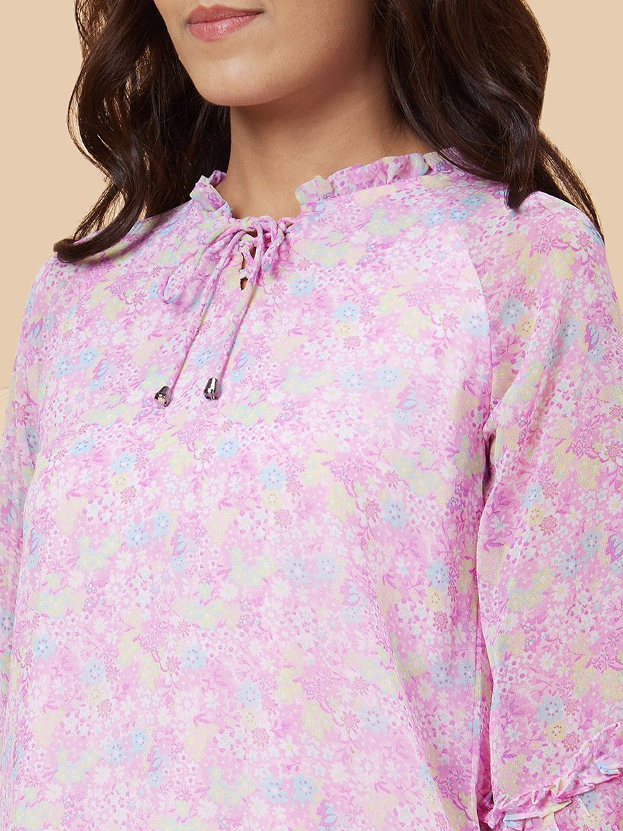 Purple Floral Print Tie-Up Neck Top