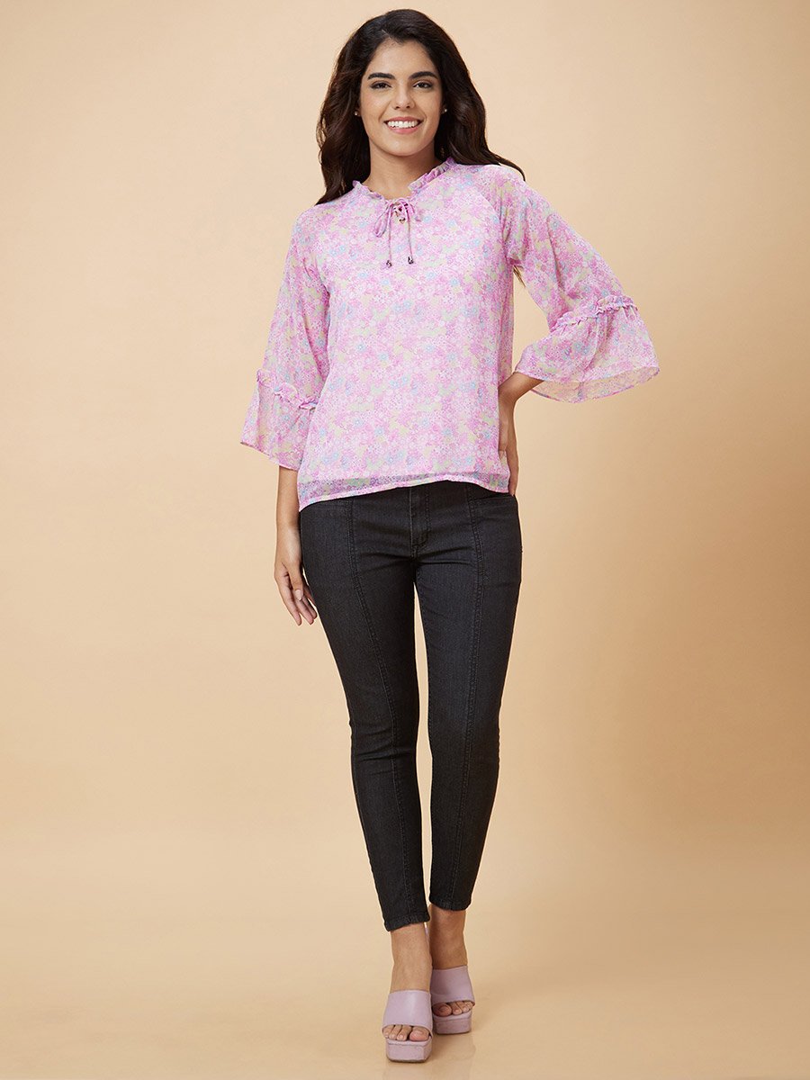 Purple Floral Print Tie-Up Neck Top