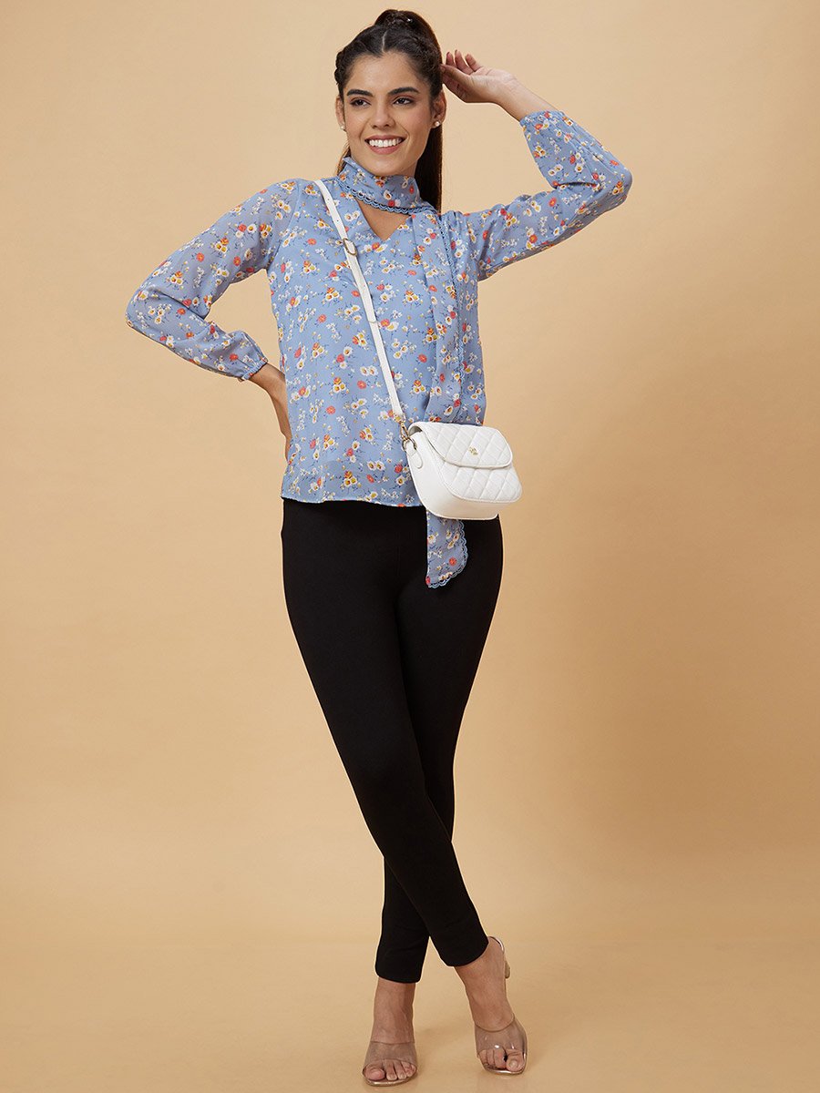 Blue Floral Print Tie-Up Neck Top