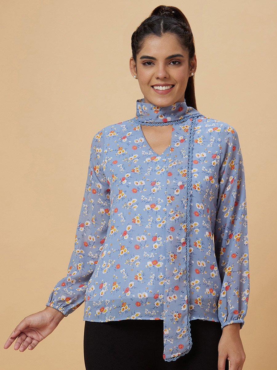 Blue Floral Print Tie-Up Neck Top