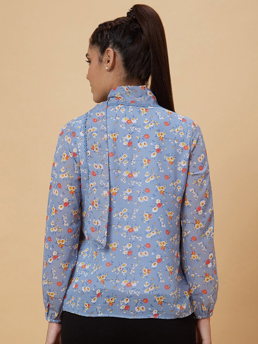 Blue Floral Print Tie-Up Neck Top