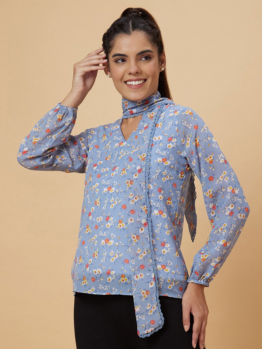 Blue Floral Print Tie-Up Neck Top