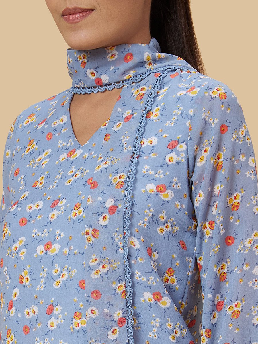 Blue Floral Print Tie-Up Neck Top