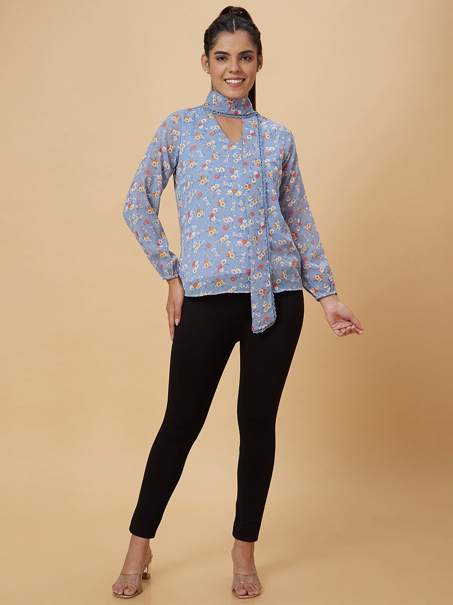 Blue Floral Print Tie-Up Neck Top