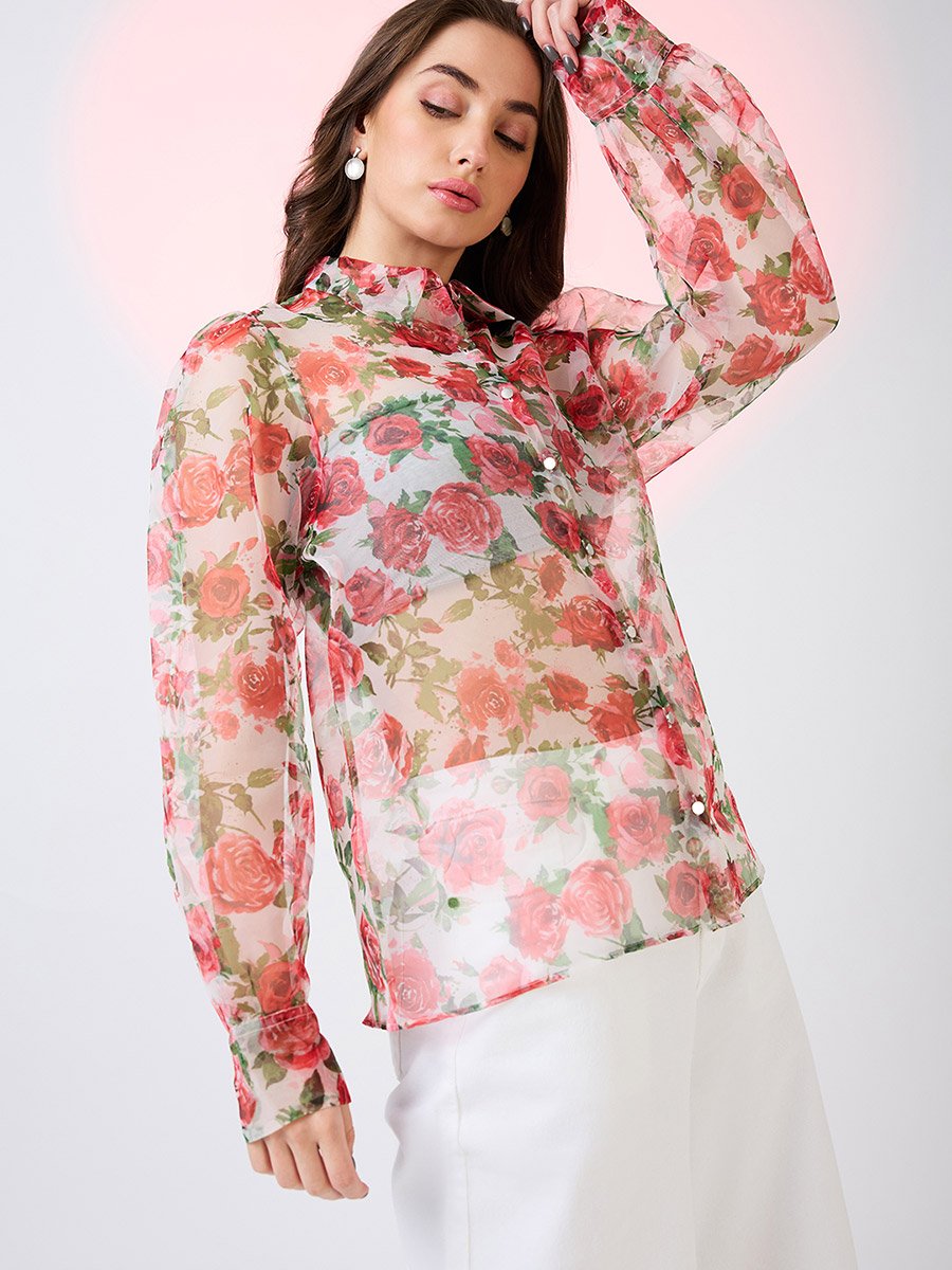 Multi Floral Print Organza Shirt