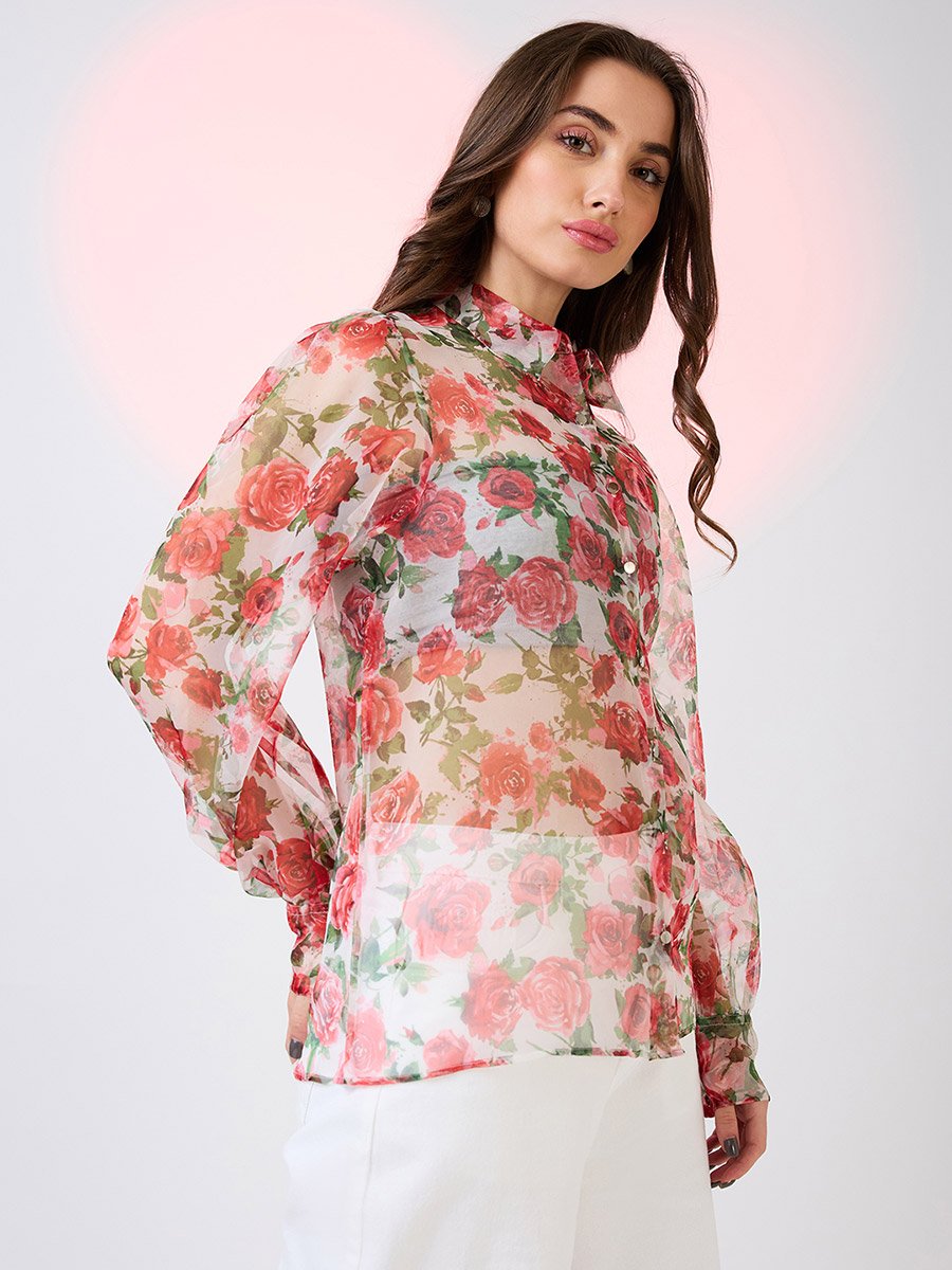 Multi Floral Print Organza Shirt