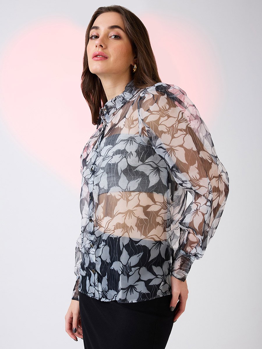 Black Floral Print Organza Shirt