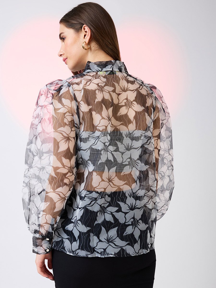 Black Floral Print Organza Shirt