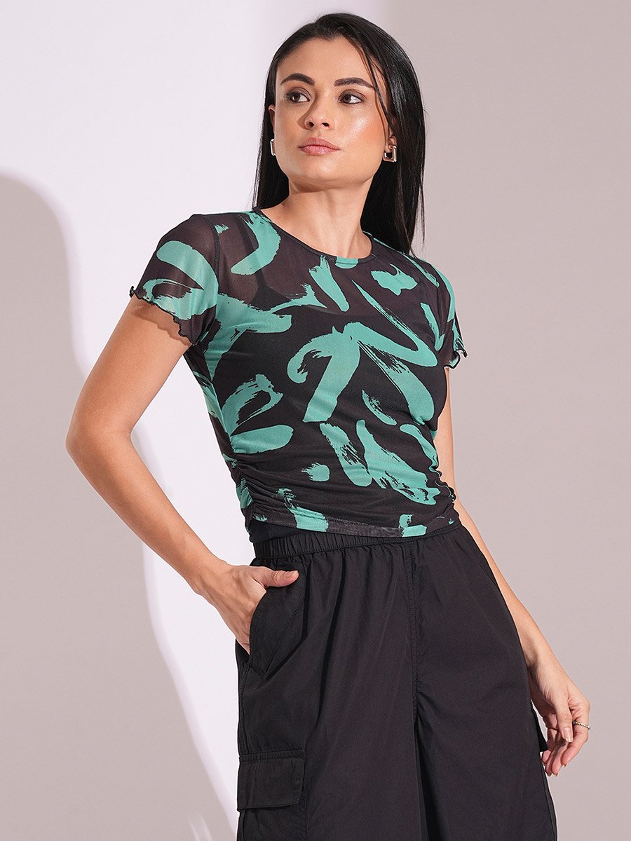 Black All Over Print Semi Sheer Ruched Top
