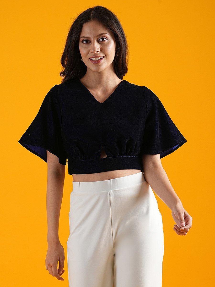 Navy Cut-Out Waist Velvet Crop Top