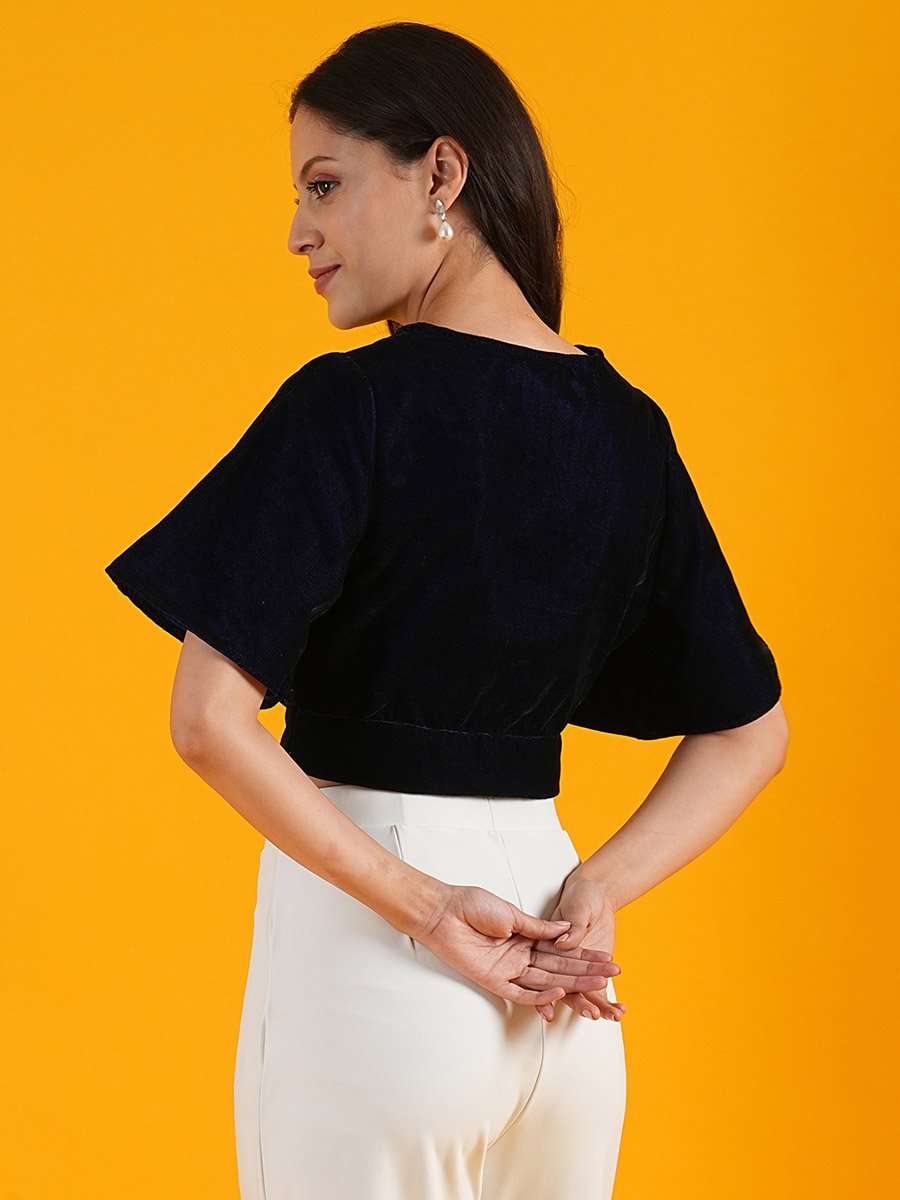 Navy Cut-Out Waist Velvet Crop Top