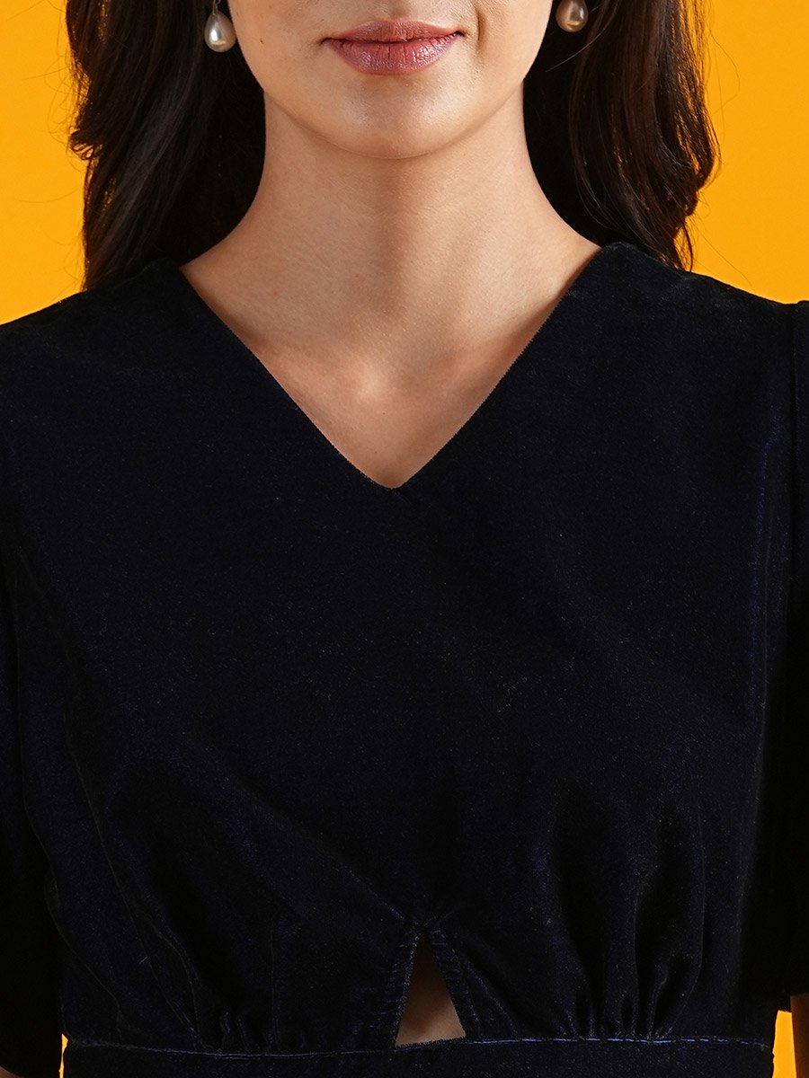 Navy Cut-Out Waist Velvet Crop Top