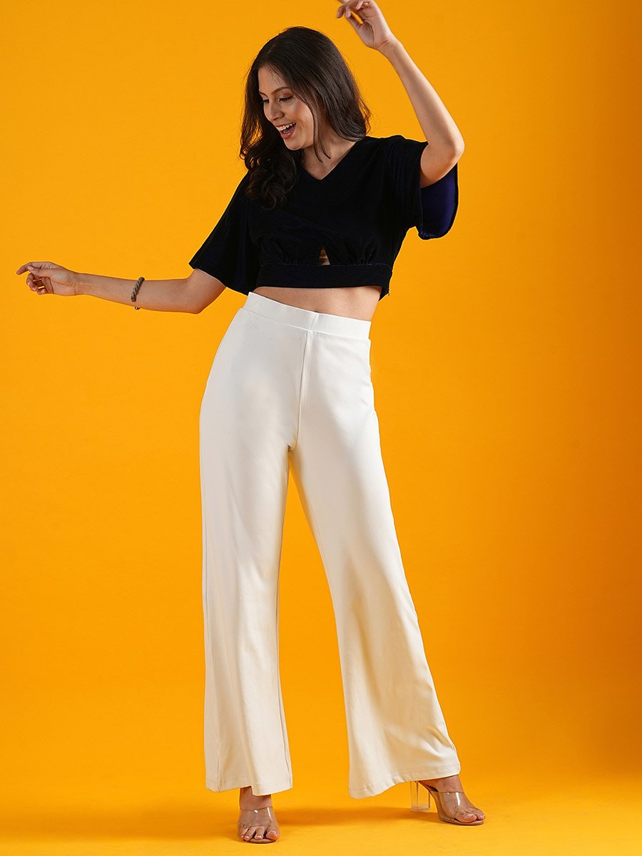 Navy Cut-Out Waist Velvet Crop Top