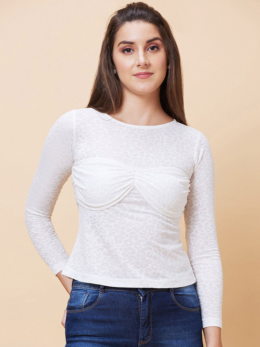 White Jacquard Knot Front Fitted Top