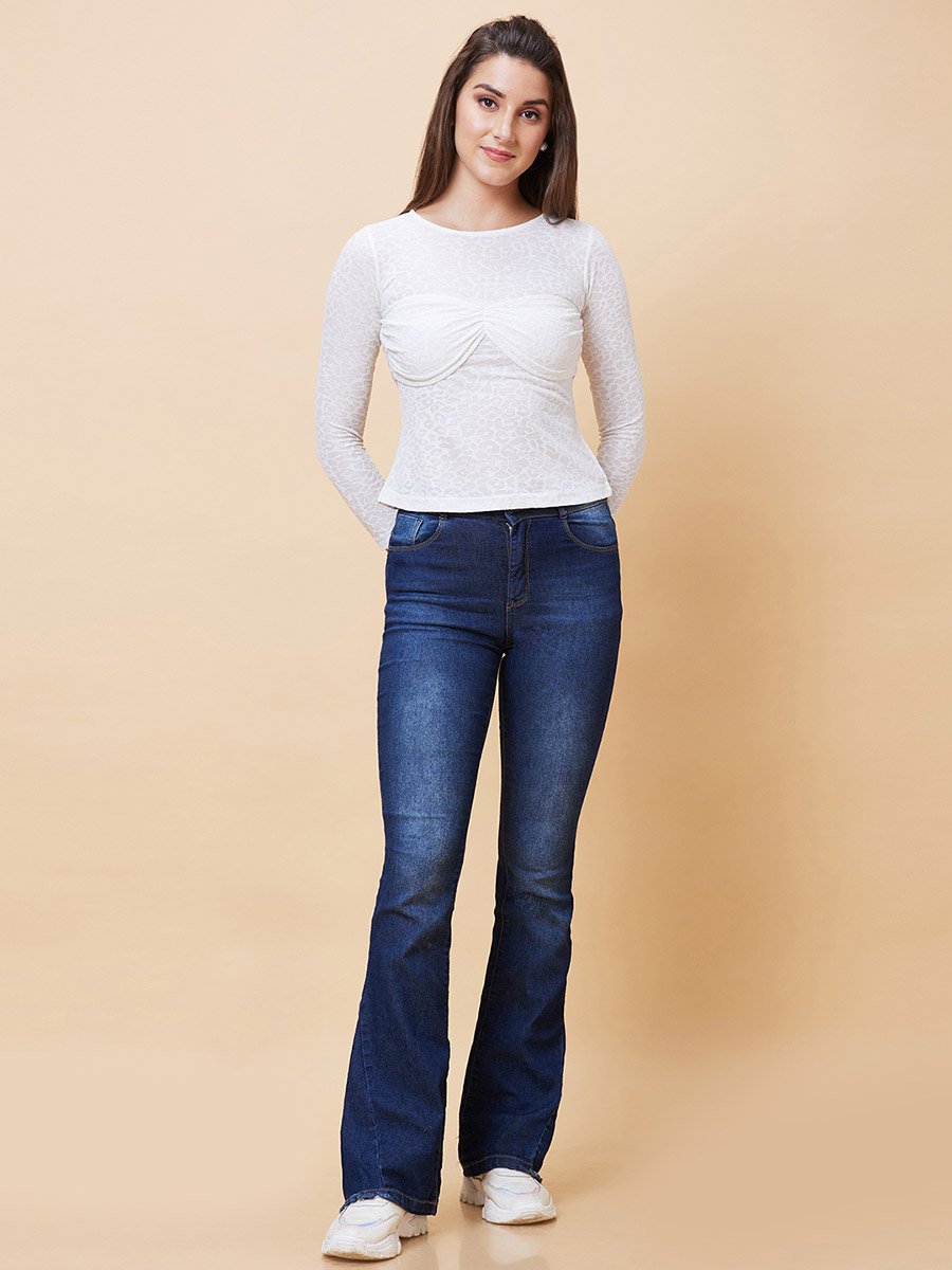 White Jacquard Knot Front Fitted Top