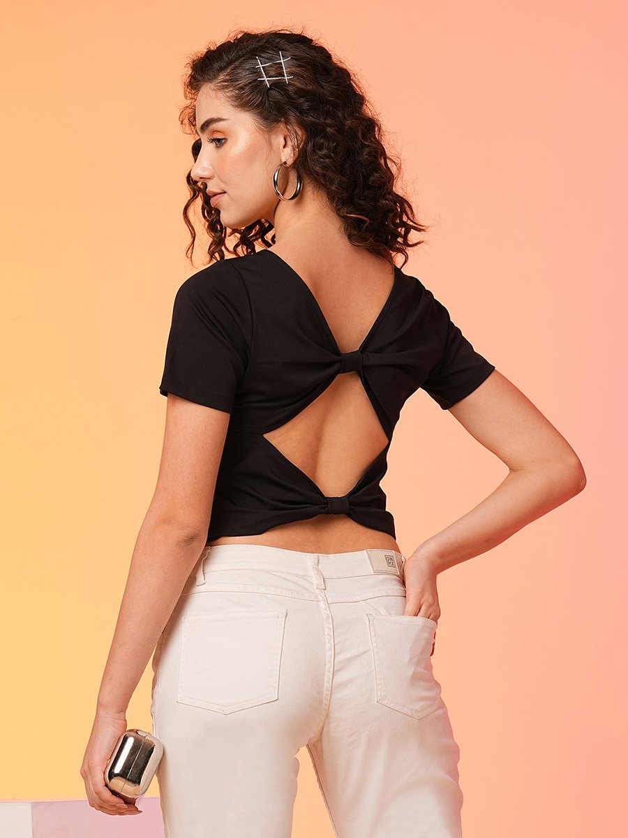 Black Bow Detail Styled Back Crop Top