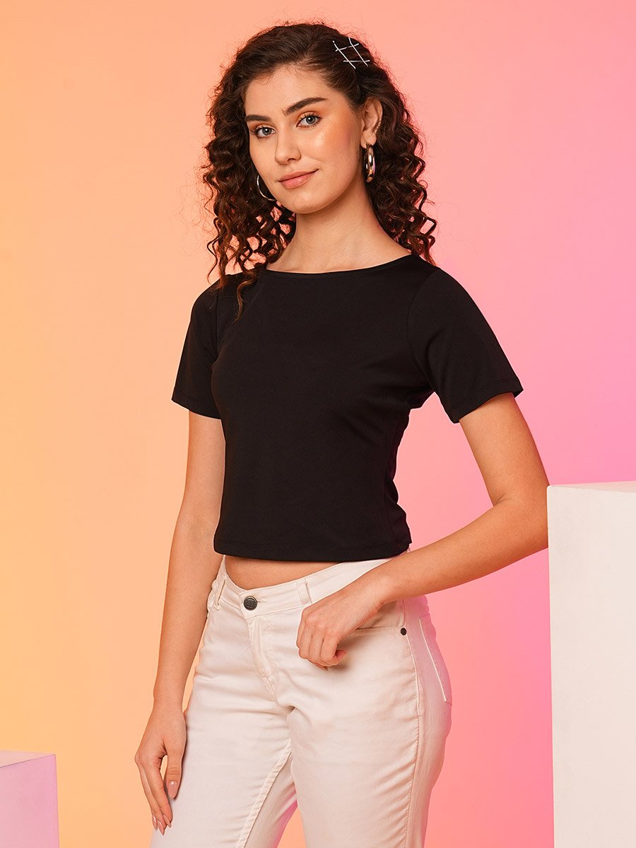 Black Bow Detail Styled Back Crop Top