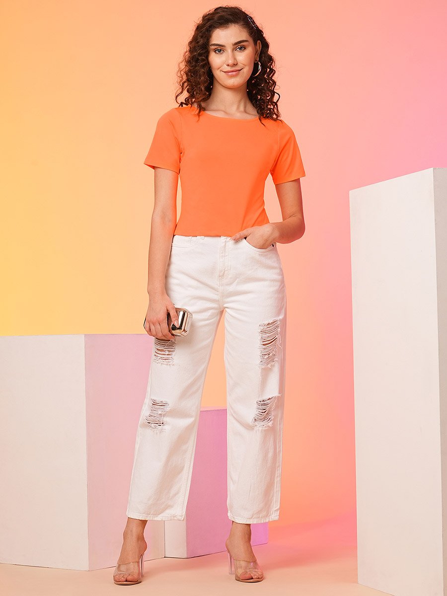 Orange Bow Detail Styled Back Crop Top