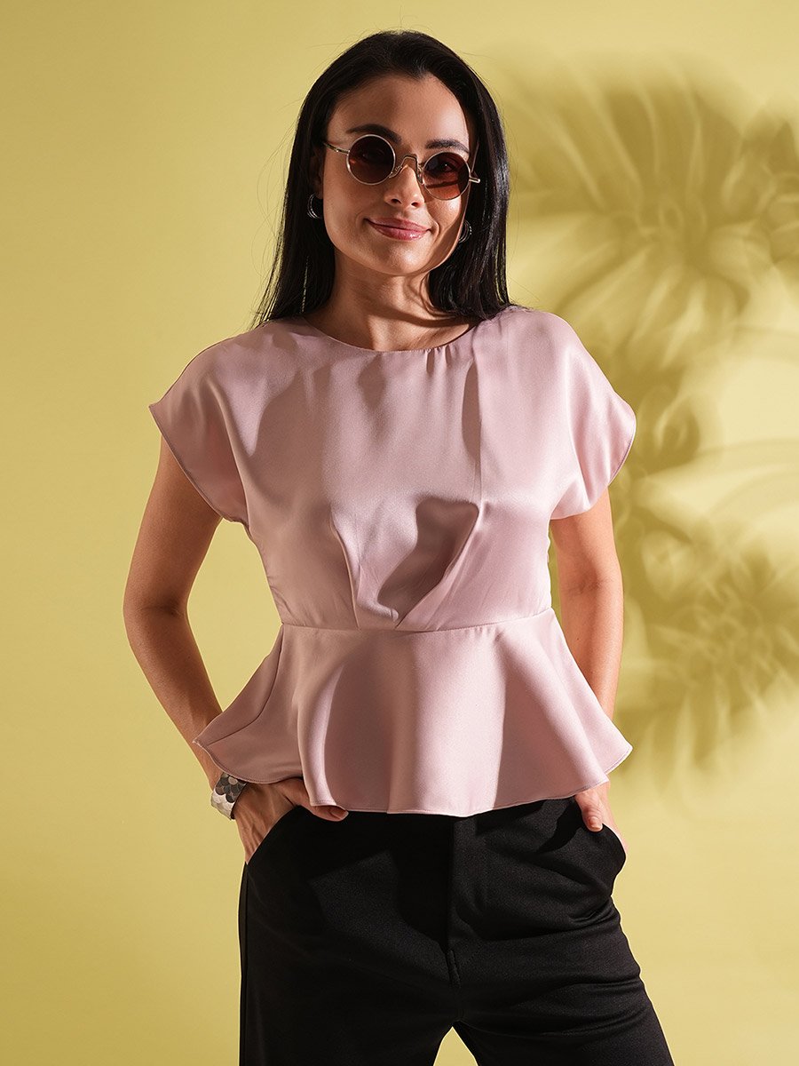 Pink Satin Peplum Workwear Top