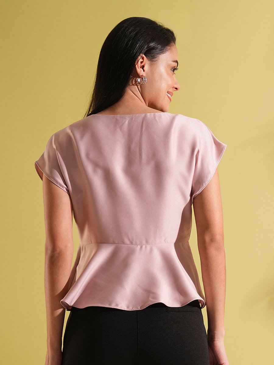 Pink Satin Peplum Workwear Top
