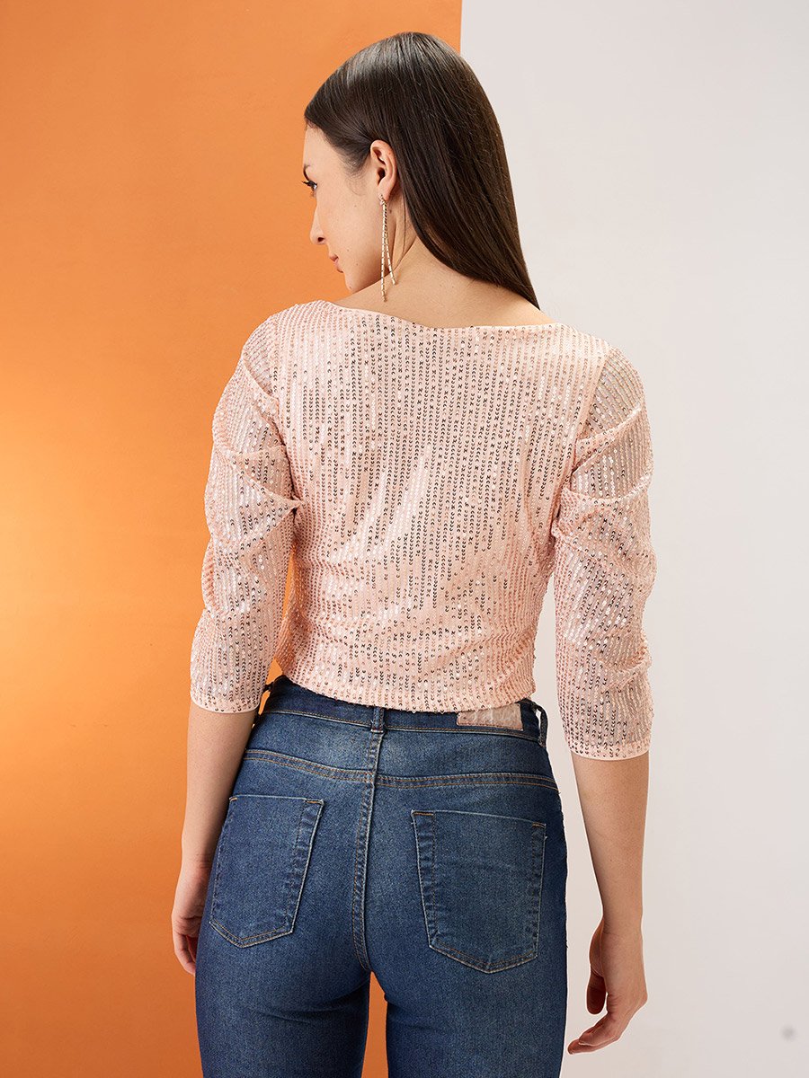 Peach Twisted Detail Sequined Party Crop Top