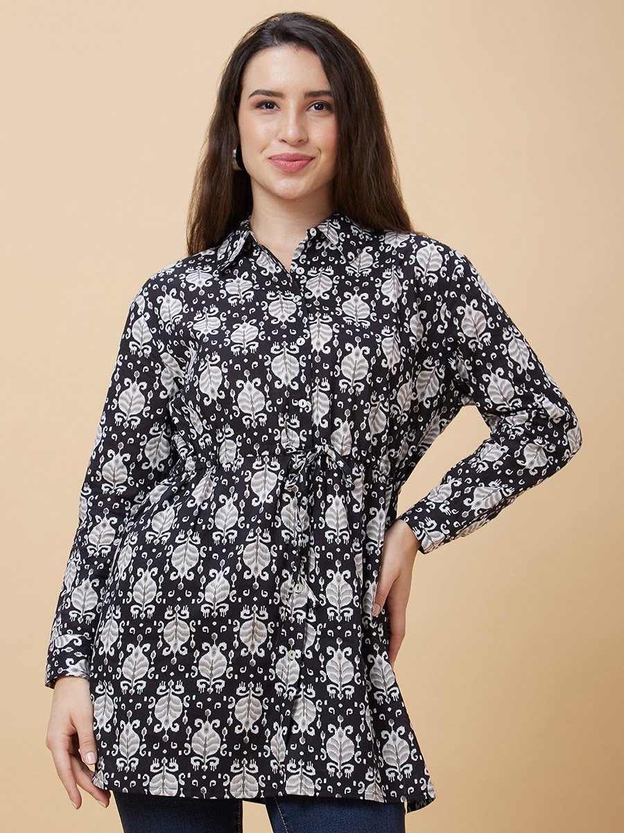 Black Ethnic Print Tie-Up Tunic